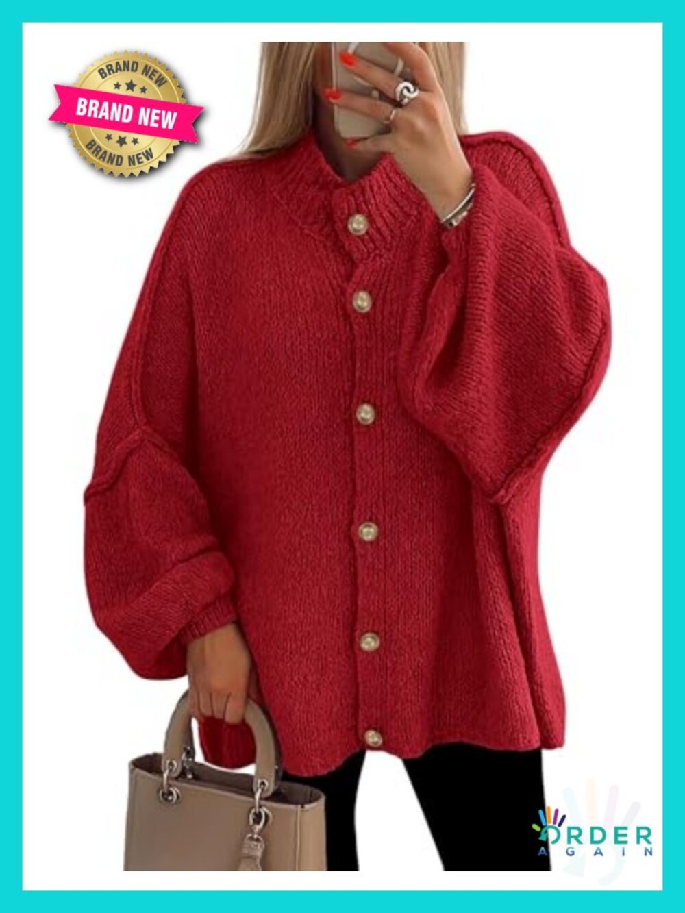Women's Oversized Chunky Cardigan Sweater Mock Neck Lantern Sleeve